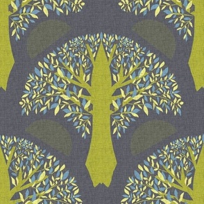 Design of fabulous yellow trees with an arched crown on a purple background