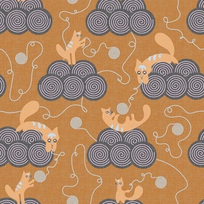 Design with cute vector kittens on clouds with balls on an orange background