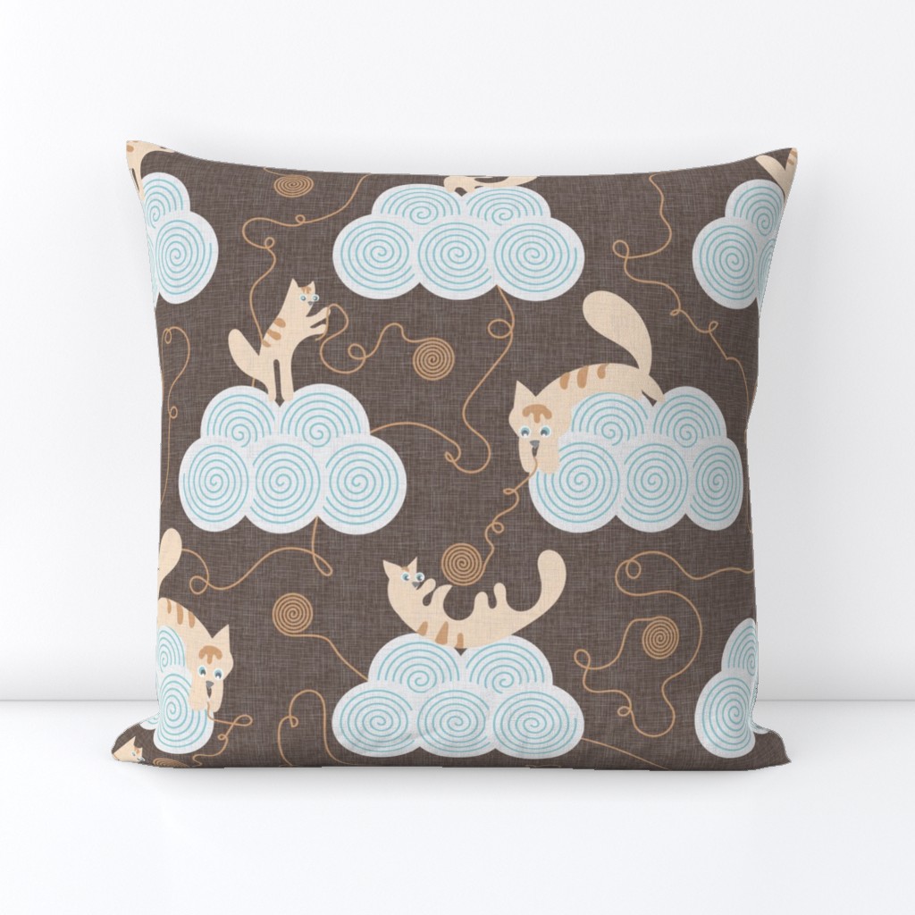 Design with cute vector kittens on clouds with balls on a brown background.