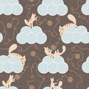 Design with cute vector kittens on clouds with balls on a brown background.