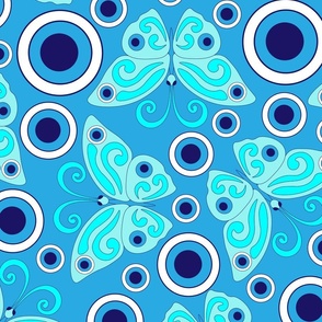Blue butterflies, evil eye, hand drawn, blue background. Seamless pattern (large) -158(2).