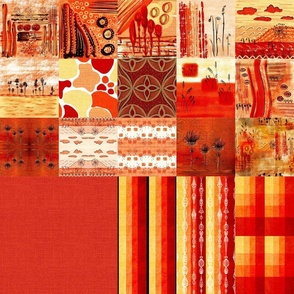 Fat quarter slow stitching patchwork journal squares for abstract slow stitching project In summer heat colours russet reds and yellows