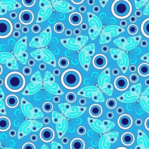 Blue butterflies, evil eye, hand drawn, blue background. Seamless pattern (medium) -158(2).