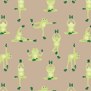 Kawaii frogs in yoga poses - meditating frog animal design for summer lime green on tan beige