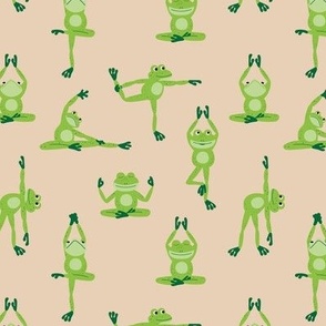 Kawaii frogs in yoga poses - meditating frog animal design for summer apple green on sand beige