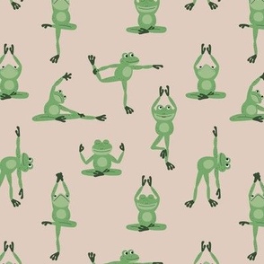Kawaii frogs in yoga poses - meditating frog animal design for summer jade green on beige