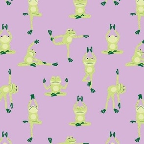 Kawaii frogs in yoga poses - meditating frog animal design for summer lime green on lilac purple