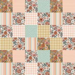 Vintage Florals Cheater Quilt 3 inch squares peach mint ochre check dots 