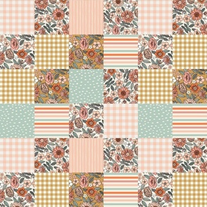 Vintage Florals Cheater Quilt 3 inch squares peach mint ochre check dots rotated