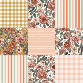 Vintage Florals Cheater Quilt 6 inch squares peach mint ochre check dots