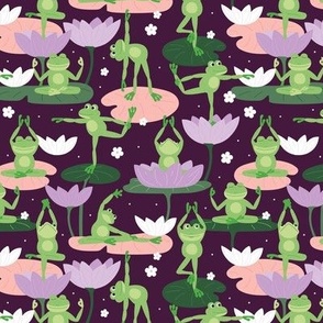 Lotus flowers and frogs in yoga poses - kawaii style animal design meditation balance body and design mint blush peach lilac green on burgundy