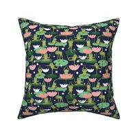 Lotus flowers and frogs in yoga poses - kawaii style animal design meditation balance body and design peach blush mint pine on deep navy blue