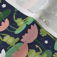 Lotus flowers and frogs in yoga poses - kawaii style animal design meditation balance body and design peach blush mint pine on deep navy blue