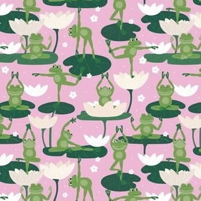 Lotus flowers and frogs in yoga poses - kawaii style animal design meditation balance body and design sage green pine blush on pink