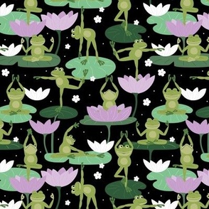Lotus flowers and frogs in yoga poses - kawaii style animal design meditation balance body and design sage mint lilac on black