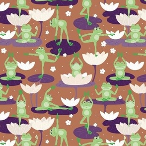 Lotus flowers and frogs in yoga poses - kawaii style animal design meditation balance body and design mint green purple on rust