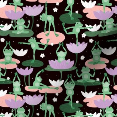 Lotus flowers and frogs in yoga poses - kawaii style animal design meditation balance body and design lilac blush mint on black