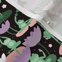 Lotus flowers and frogs in yoga poses - kawaii style animal design meditation balance body and design lilac blush mint on black