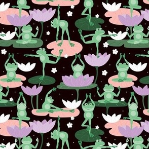 Lotus flowers and frogs in yoga poses - kawaii style animal design meditation balance body and design lilac blush mint on black