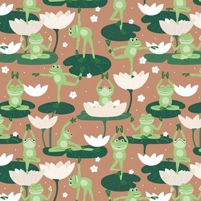 Lotus flowers and frogs in yoga poses - kawaii style animal design meditation balance body and design mint green pine on burnt orange rust