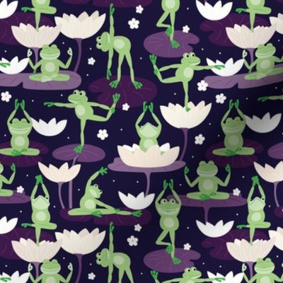 Lotus flowers and frogs in yoga poses - kawaii style animal design meditation balance body and design mint green purple on black