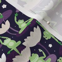 Lotus flowers and frogs in yoga poses - kawaii style animal design meditation balance body and design mint green purple on black
