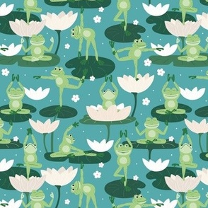 Lotus flowers and frogs in yoga poses - kawaii style animal design meditation balance body and design mint green pine on teal blue