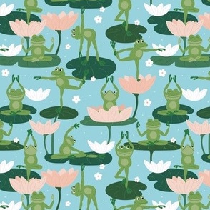 Lotus flowers and frogs in yoga poses - kawaii style animal design meditation balance body and design sage green pine blush on aqua blue