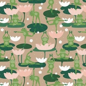 Lotus flowers and frogs in yoga poses - kawaii style animal design meditation balance body and design jade green pine on latte beige blush