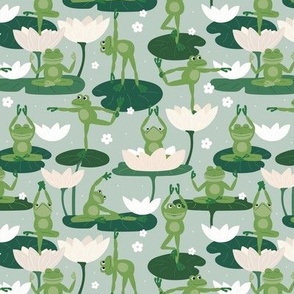 Lotus flowers and frogs in yoga poses - kawaii style animal design meditation balance body and design sage green pine on mist