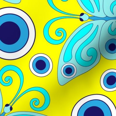 Blue butterflies, evil eye, hand drawn, yellow background. Seamless pattern (large) -158(3).