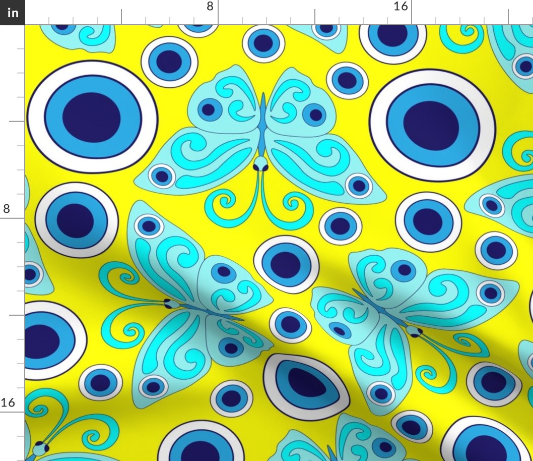 Blue butterflies, evil eye, hand drawn, yellow background. Seamless pattern (large) -158(3).