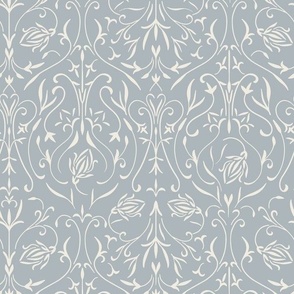 damask 02 - creamy white _ french grey blue - traditional wallpaper