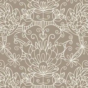 lovely - creamy white _ khaki brown 02 - traditional line art design