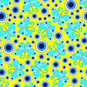 Blue butterflies, evil eye, hand drawn, yellow background. Seamless pattern (medium) -158(3). 