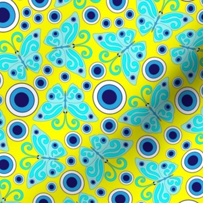 Blue butterflies, evil eye, hand drawn, yellow background. Seamless pattern (small) -158(3). 