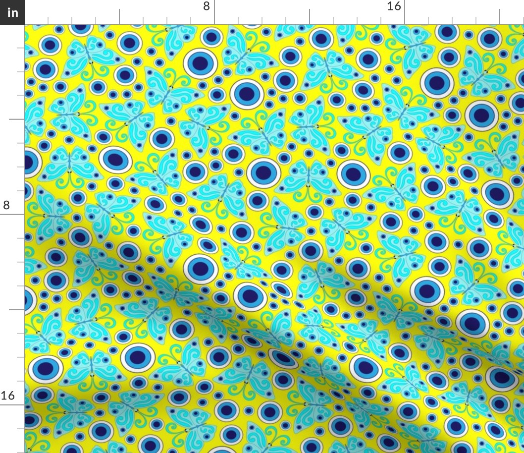 Blue butterflies, evil eye, hand drawn, yellow background. Seamless pattern (small) -158(3). 