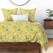 Nostalgic Yellow Pierre-Joseph Redouté Roses,Blue Hydrangea, Antique Sunny Branches And Flower Bouquets, Vintage Home Decor,  English Rose Fabric - yellow double layer 