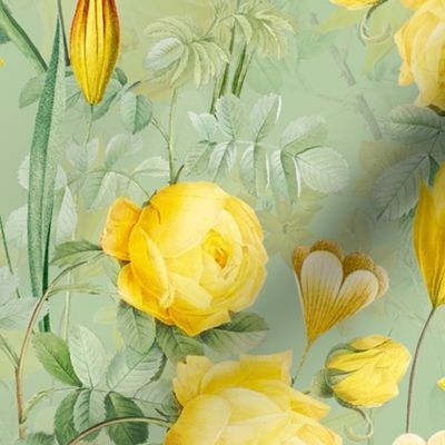 Nostalgic Yellow Pierre-Joseph Redouté Roses,Blue Hydrangea, Antique Sunny Branches And Flower Bouquets, Vintage Home Decor,  English Rose Fabric - light green double layer 