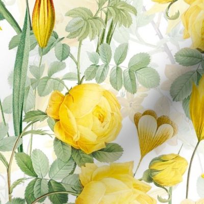 Nostalgic Yellow Pierre-Joseph Redouté Roses,Blue Hydrangea, Antique Sunny Branches And Flower Bouquets, Vintage Home Decor,  English Rose Fabric - off white double layer