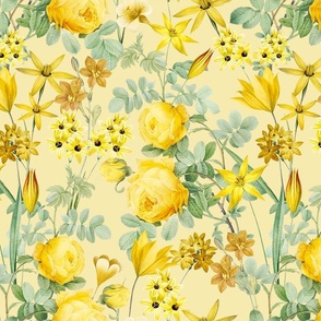 Nostalgic Yellow Pierre-Joseph Redouté Roses,Blue Hydrangea, Antique Sunny Branches And Flower Bouquets, Vintage Home Decor,  English Rose Fabric - yellow