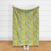 Nostalgic Yellow Pierre-Joseph Redouté Roses,Blue Hydrangea, Antique Sunny Branches And Flower Bouquets, Vintage Home Decor,  English Rose Fabric - light green