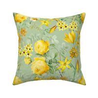 Nostalgic Yellow Pierre-Joseph Redouté Roses,Blue Hydrangea, Antique Sunny Branches And Flower Bouquets, Vintage Home Decor,  English Rose Fabric - light green
