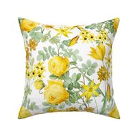 Nostalgic Yellow Pierre-Joseph Redouté Roses,Blue Hydrangea, Antique Sunny Branches And Flower Bouquets, Vintage Home Decor,  English Rose Fabric - white