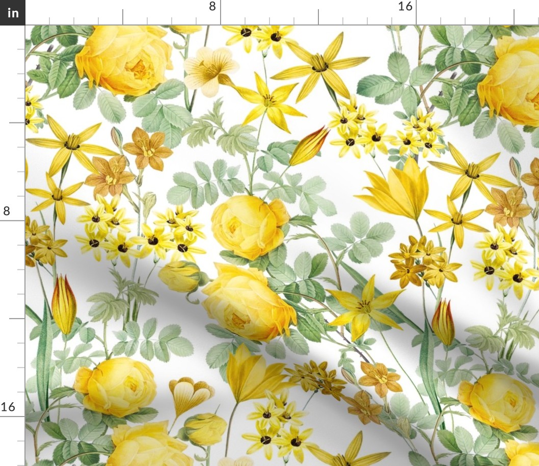 Nostalgic Yellow Pierre-Joseph Redouté Roses,Blue Hydrangea, Antique Sunny Branches And Flower Bouquets, Vintage Home Decor,  English Rose Fabric - white
