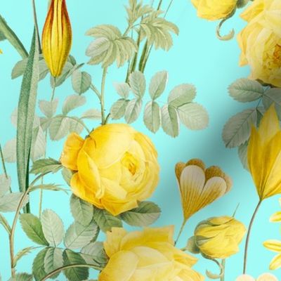 Nostalgic Yellow Pierre-Joseph Redouté Roses,Blue Hydrangea, Antique Sunny Branches And Flower Bouquets, Vintage Home Decor,  English Rose Fabric - turquoise