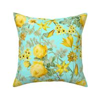 Nostalgic Yellow Pierre-Joseph Redouté Roses,Blue Hydrangea, Antique Sunny Branches And Flower Bouquets, Vintage Home Decor,  English Rose Fabric - turquoise