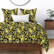 Nostalgic Yellow Pierre-Joseph Redouté Roses,Blue Hydrangea, Antique Sunny Branches And Flower Bouquets, Vintage Home Decor,  English Rose Fabric - black