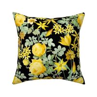 Nostalgic Yellow Pierre-Joseph Redouté Roses,Blue Hydrangea, Antique Sunny Branches And Flower Bouquets, Vintage Home Decor,  English Rose Fabric - black