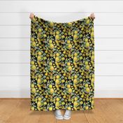 Nostalgic Yellow Pierre-Joseph Redouté Roses,Blue Hydrangea, Antique Sunny Branches And Flower Bouquets, Vintage Home Decor,  English Rose Fabric - black